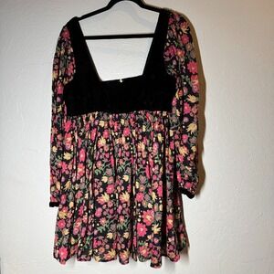 Free People Mini Dress Floral‎ Velvet Trim Babydoll Black L NWT black combo